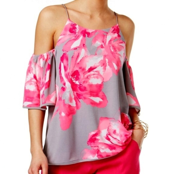 INC International Concepts Tops - INC Cold Shoulder Top Gray Pink Floral XL LAST ONE